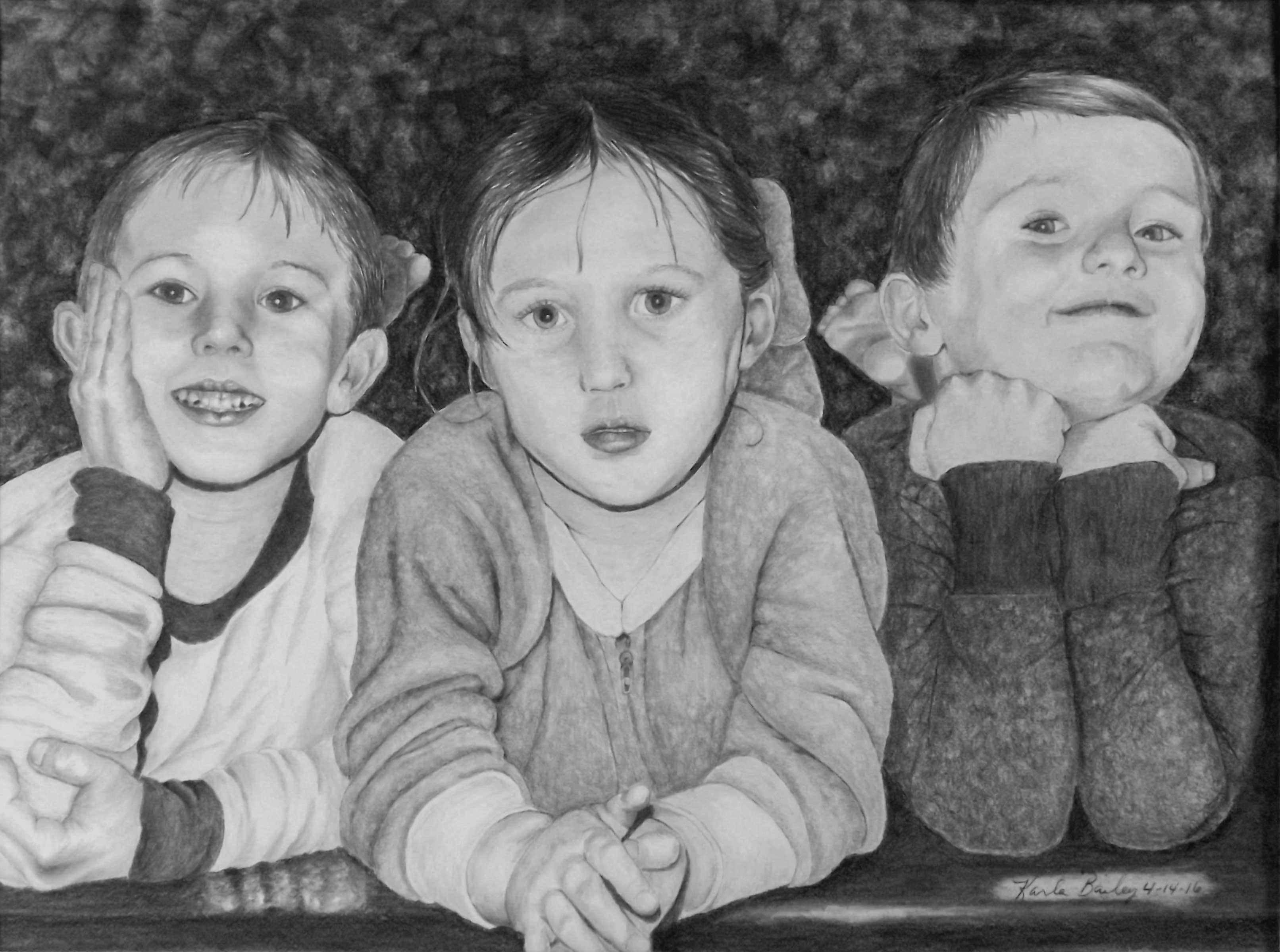 "Christmas Morning" by Karla Bailey A hyper-realisic, graphite pencil drawing of her three children.. ARTrails of SWW, Lewis County WA, Centralia WA- Graphite pencil hyper realism portraits ARTrails of SWW Lewis County Centralia WA